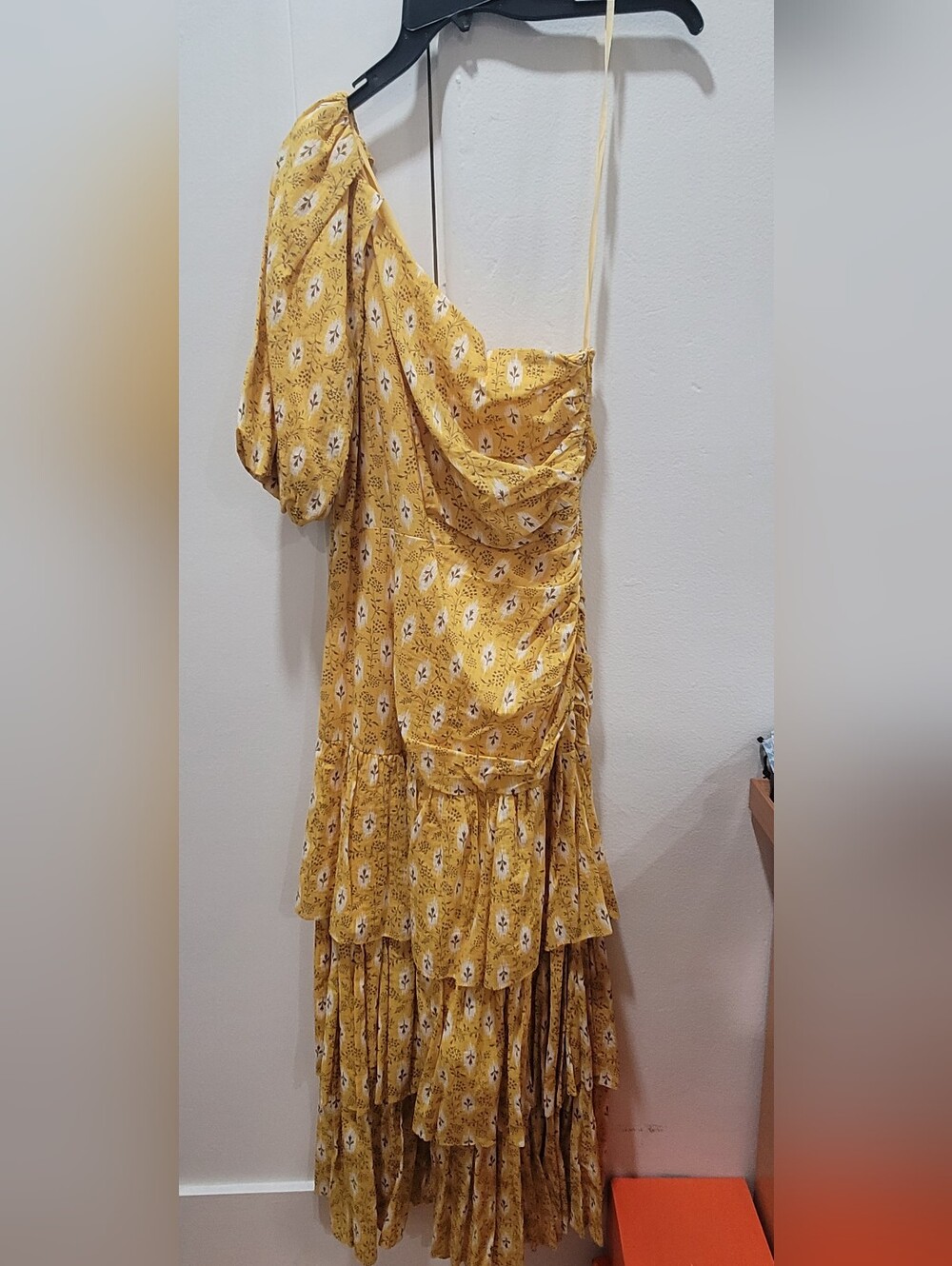Veronica Beard Yellow Floral One-Shoulder Tiered Maxi Dress